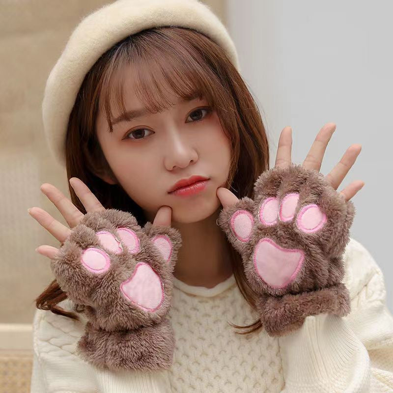 Autumn And Winter Student Plush Cat's Paw Half Finger Gloves For Men And Women