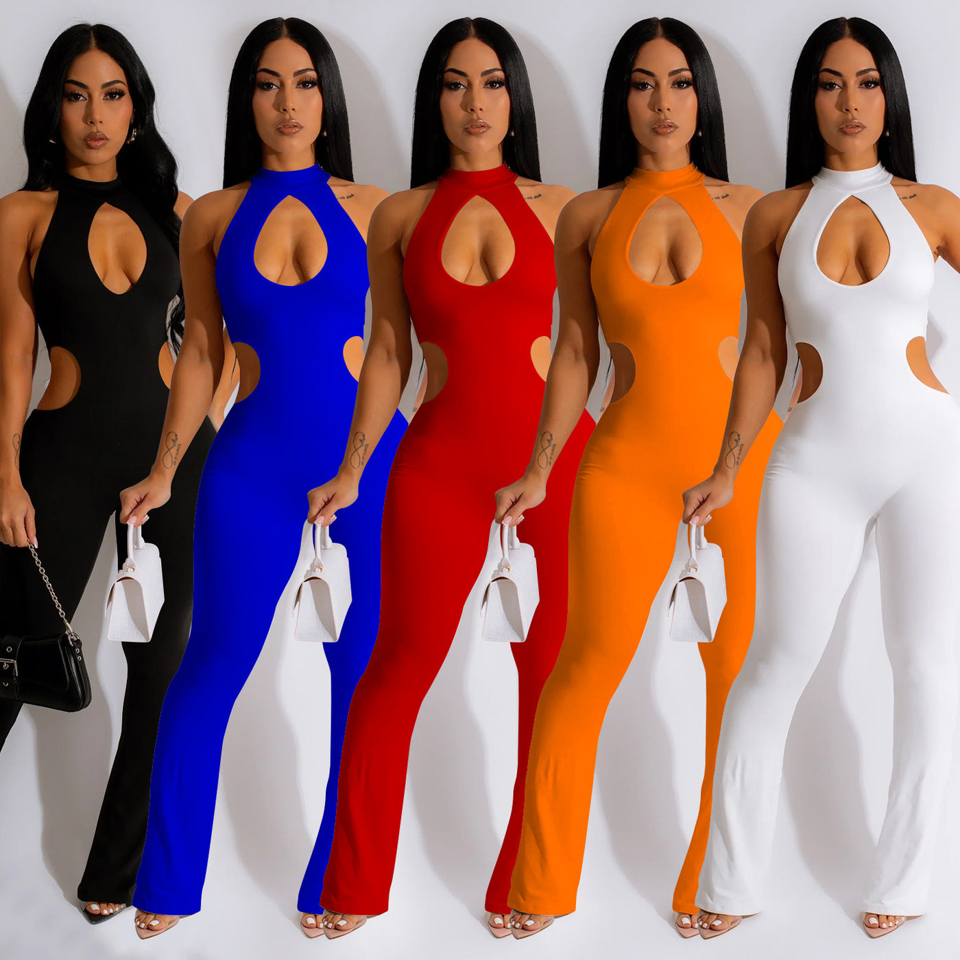 Women's Solid Color Sexy Halter Hollow-out Jumpsuit