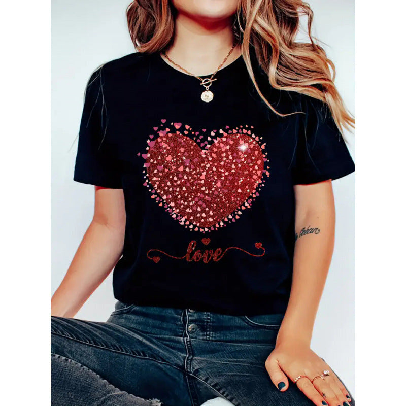 Women's Short-sleeved Valentine's Day Heart Round Neck Top