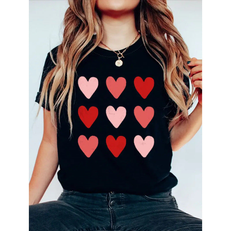 Women's Short-sleeved Valentine's Day Heart Round Neck Top