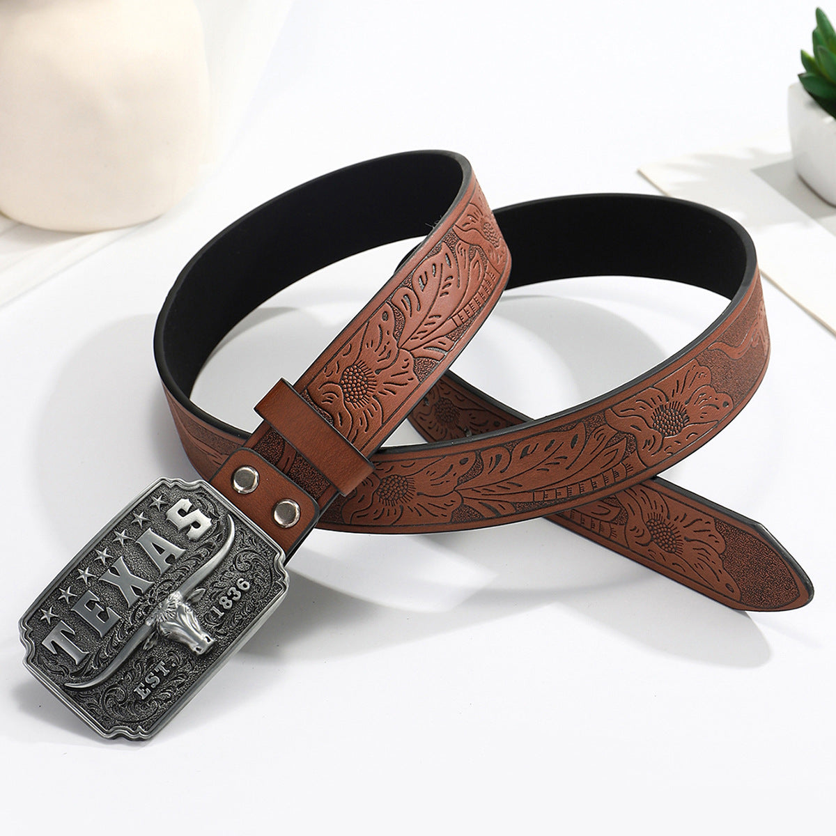 American Retro Embossing Cow Head Buckle Simple All-match Western Denim Belt