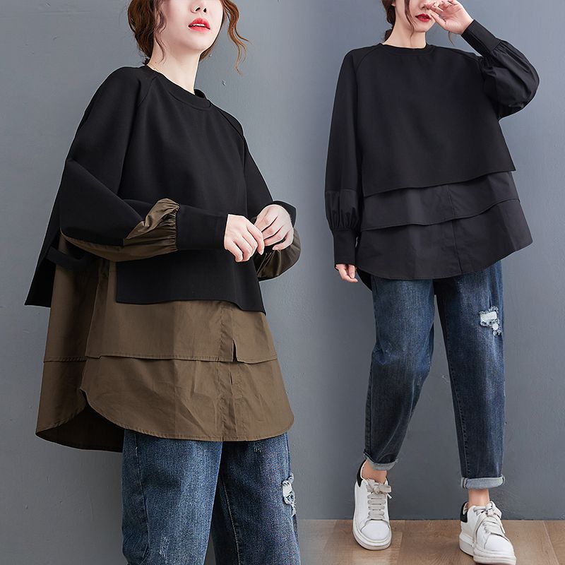 Autumn And Winter New Fake Two Pieces Contrast-color Stitching Sweatshirt