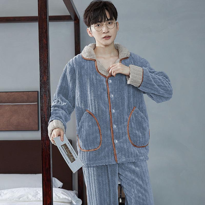 Autumn And Winter Flannel Men's Pajamas Men's Lapel Cardigan