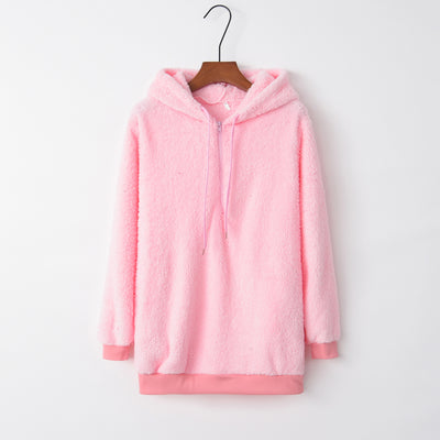 European And American Long Sleeve Hooded Solid Color Women's Fleece Pullover Coat