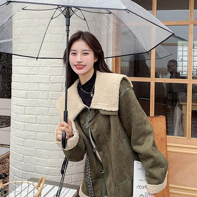 Women's Korean-style Retro Green Suede Lambswool Coat