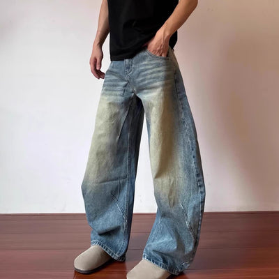 Retro Design Deconstructed Pleated Washed Blue Jeans