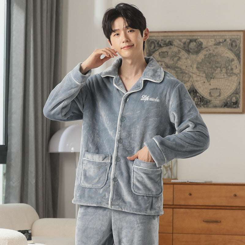 Autumn And Winter Flannel Men's Pajamas Men's Lapel Cardigan