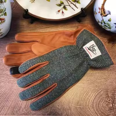 Cold Protection In Winter Fleece-lined Warm Motorcycle Touch Screen Tweed Leather Gloves