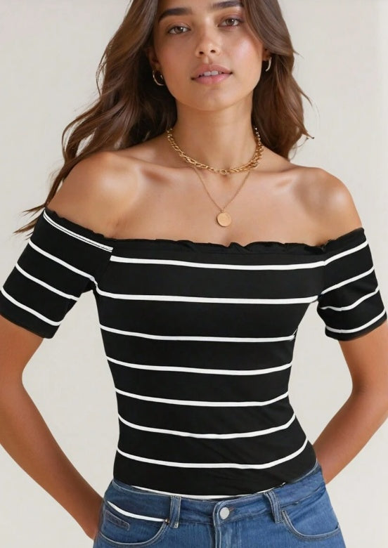 Summer To Autumn Casual Street Nautical Style Off-Shoulder Striped T-Shirt For Women