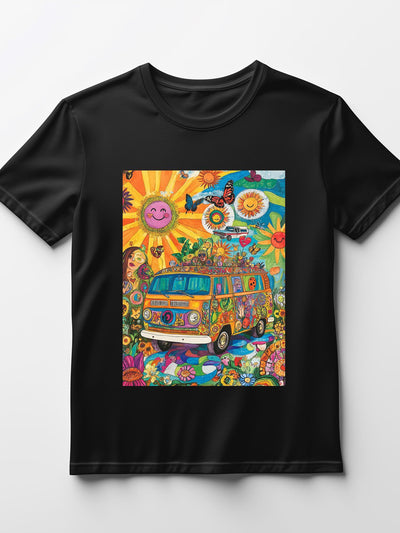 Women's Retro Art Print Casual T-Shirt - Vibrant Psychedelic Van Graphic, Loose Fit, Round Neck, Short Sleeve, Lightweight Polyester, Machine Washable, Perfect For Summer