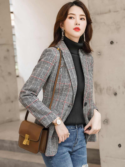 Plaid Suit Women's Waist Trimming Casual Coat