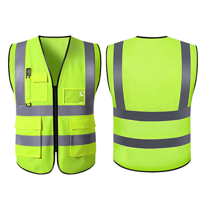 Safety Reflective Vest Construction Industrial Building Road Highway Traffic Cloth Zipper Type Multi Pocket Green